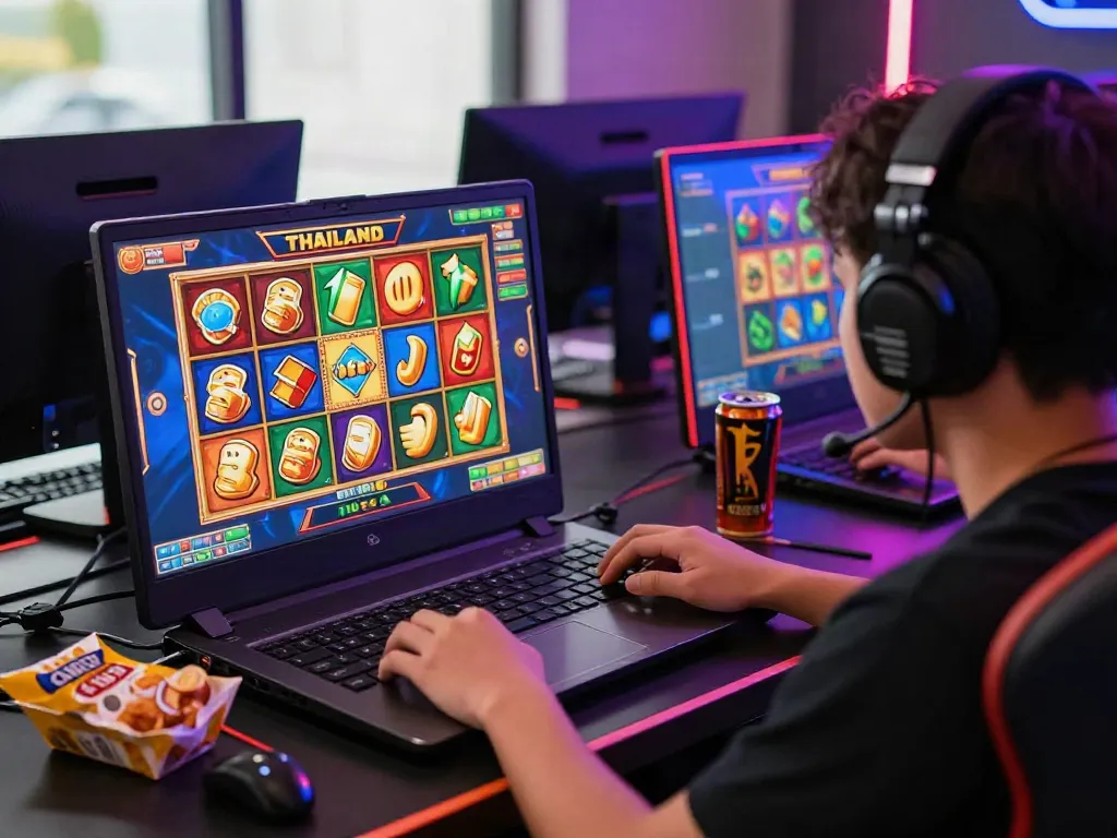 Player enjoying thrilling slot thailand games in a vibrant gaming setup