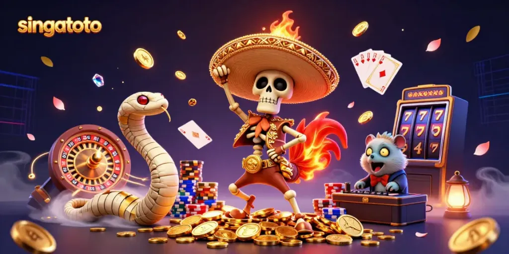 Experience winning excitement at singatoto with vibrant gaming characters and casino elements in a rich, festive scene.