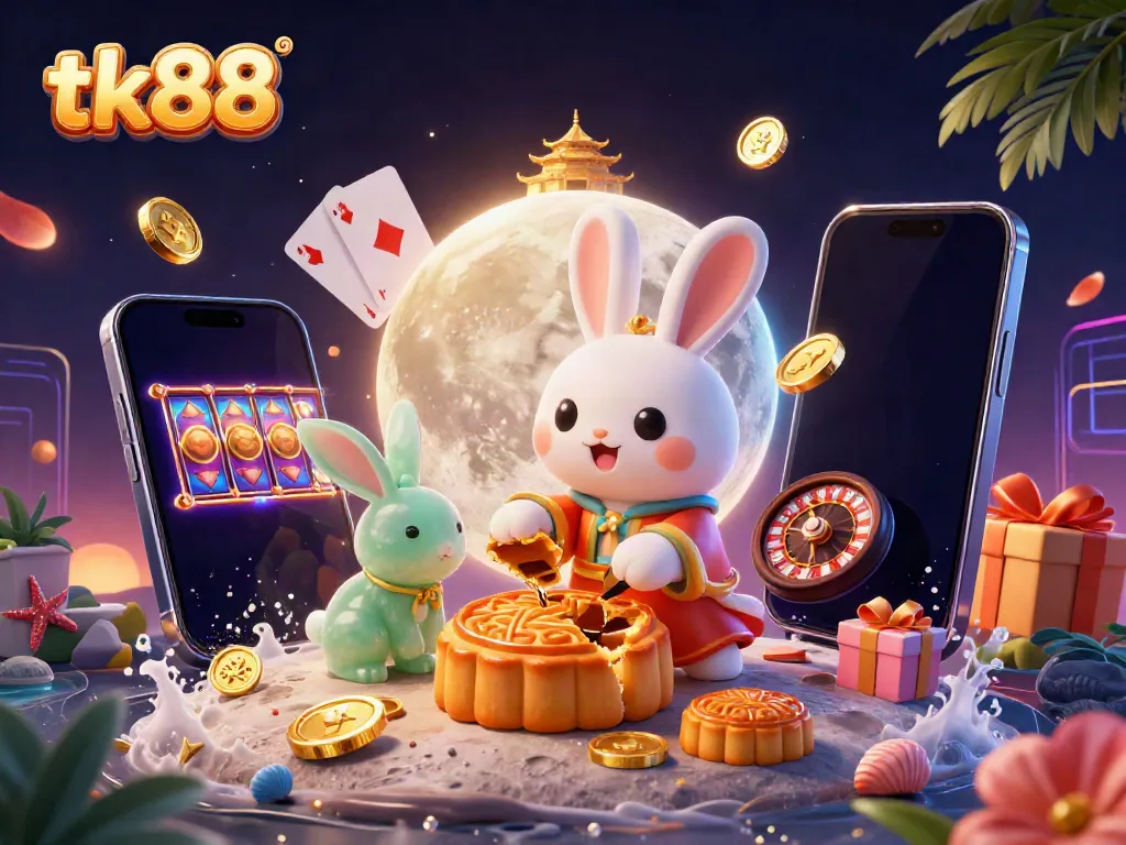 Engaging gaming scene featuring tk88 branding with a moon rabbit, casino elements, and a vibrant casino atmosphere.