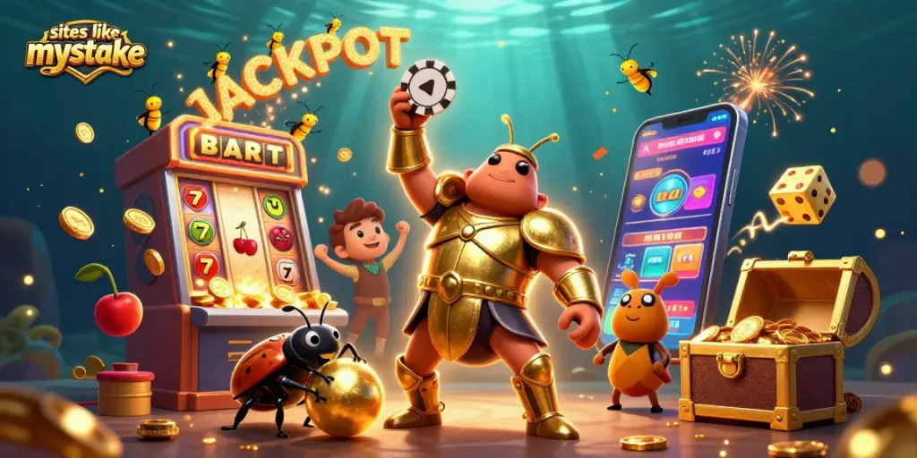 Engaging casino scene featuring sites like mystake with characters celebrating a jackpot win in colorful illustrations.