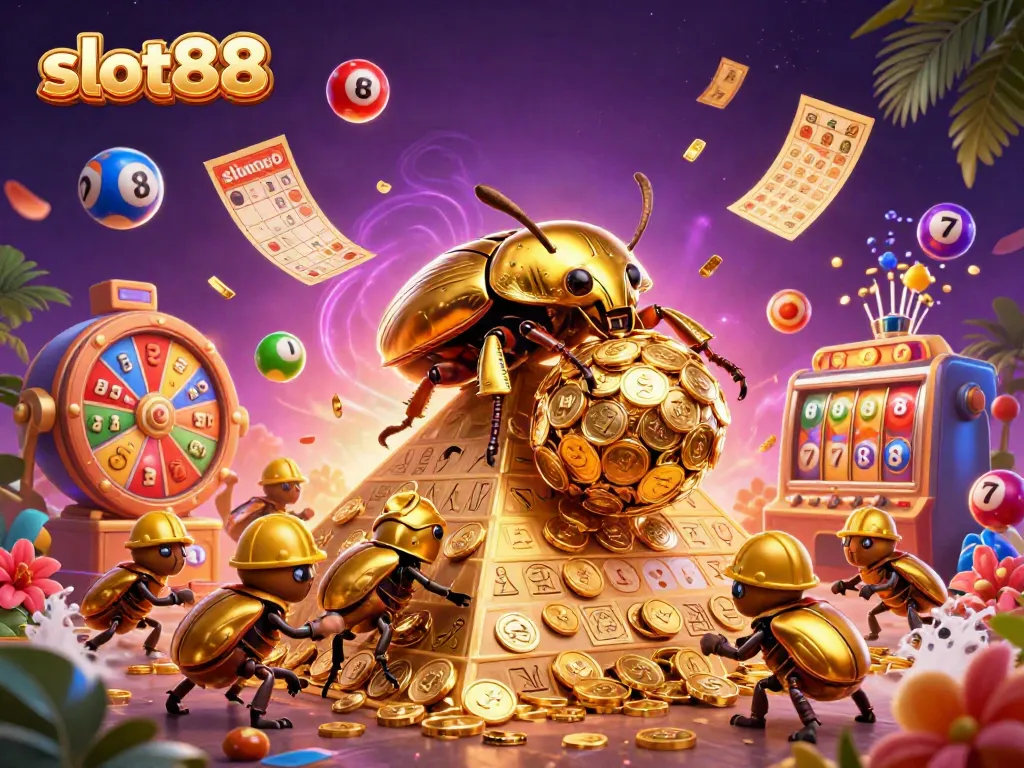 Experience the thrill of slot88 with a vibrant 3D illustration of a golden beetle amidst casino symbols.