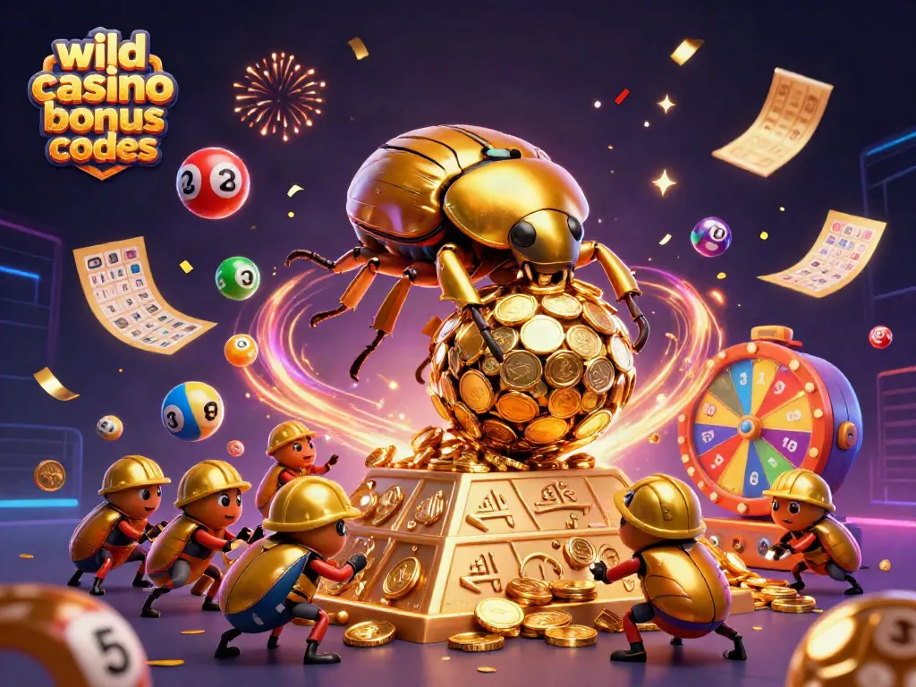 Win exciting rewards with wild casino bonus codes as playful beetles celebrate with coins and confetti.
