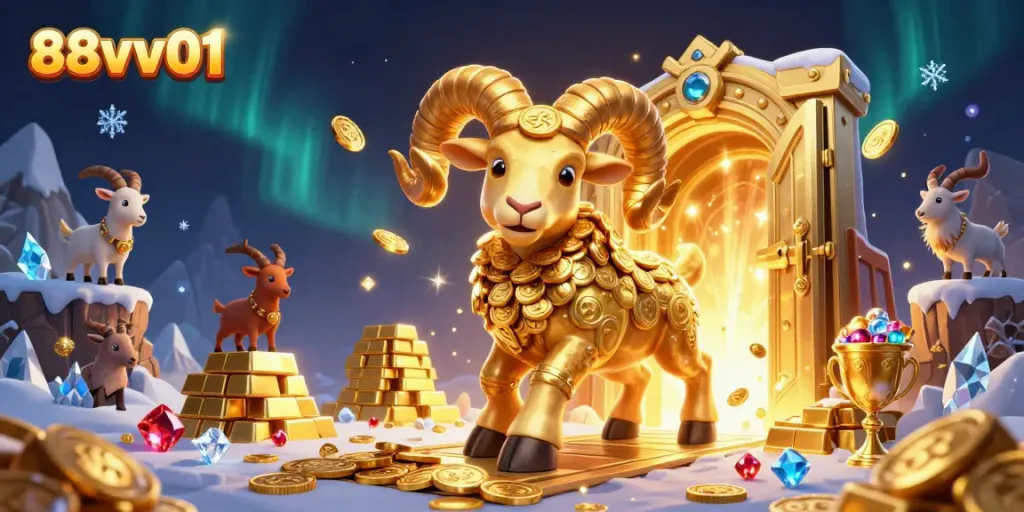 Experience thrilling action at 88vv01, where golden ram charges towards riches at an opened vault.