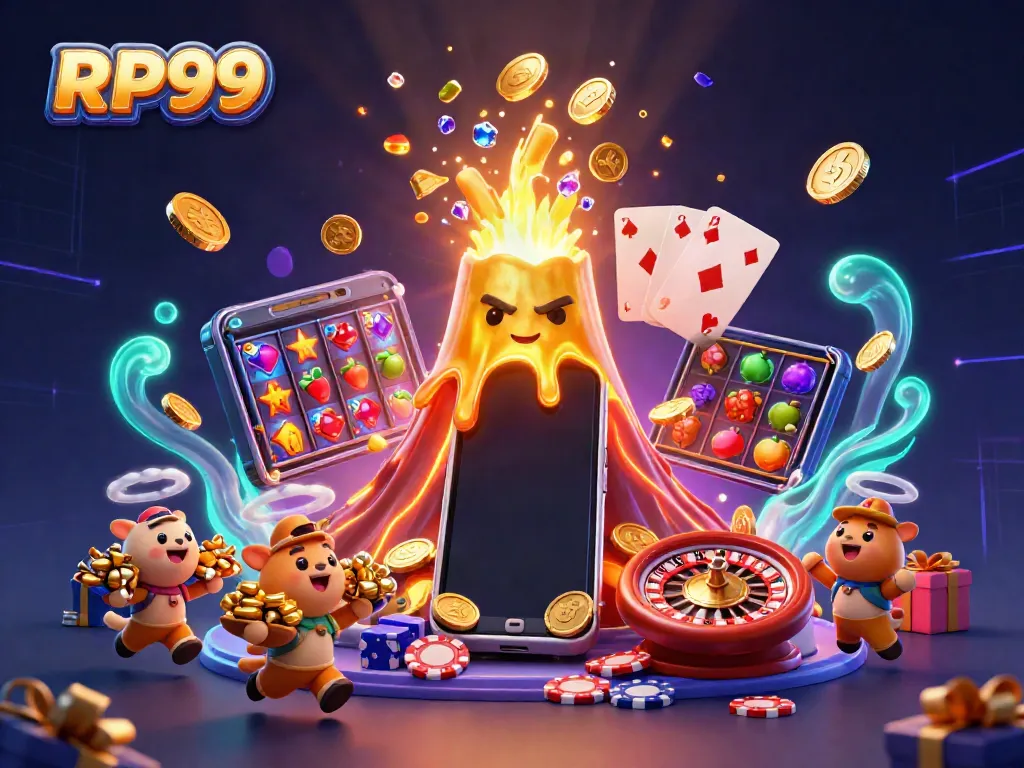 Experience the excitement at RP99 with a volcano of treasures, a vibrant mobile slot scene, and thrilling gameplay elements.