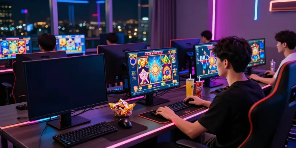 Player enjoying bro138 online slot games in a vibrant gaming setup.