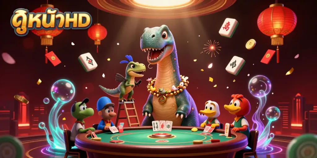 Exciting casino scene with ดูหนังHD featuring a 3D brontosaurus and clever raptor at a poker table.