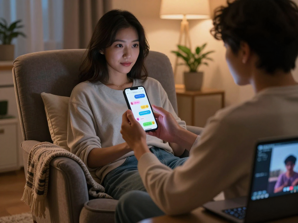 Engaging in ai chat porn with a flirtatious AI in a cozy living room