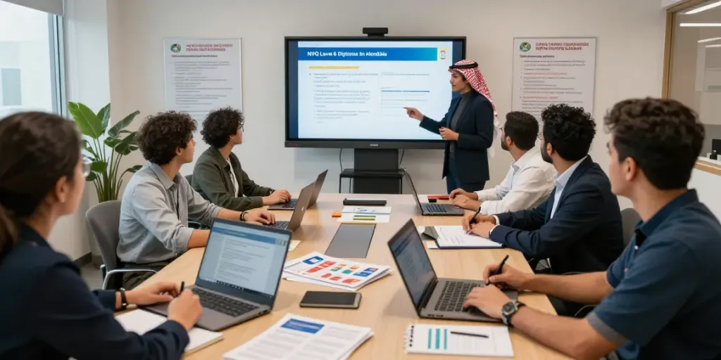 Interactive NVQ Level 6 virtual training session in Saudi Arabia, professionals learning health and safety practices.