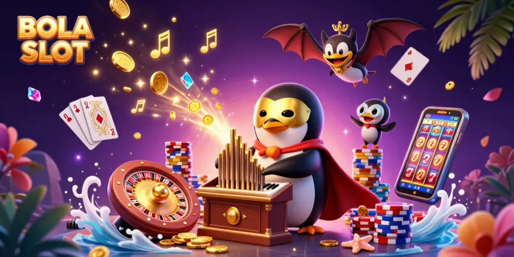 BOLA SLOT interactive gaming scene with a magical penguin and golden coins for online casino thrill