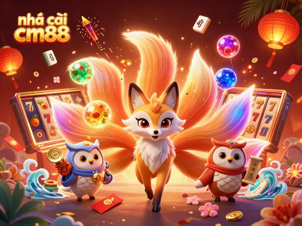 Engage with nhà cái cm88 through vibrant 3D illustration showcasing a mystical nine-tailed fox and casino elements.