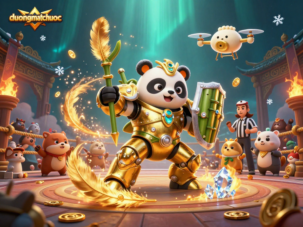 Engage in thrilling gameplay with duongmatchuoc, featuring golden panda battling in an epic casino arena.