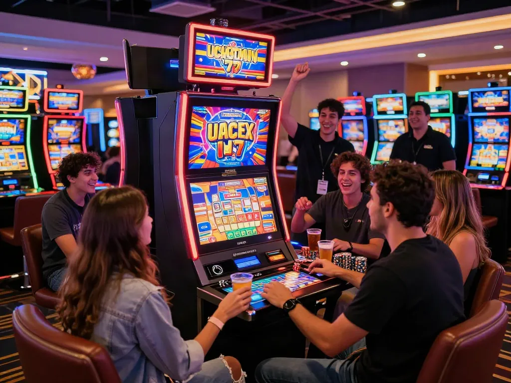 Friends enjoying a thrilling Lucky777 slot machine experience in a vibrant casino.