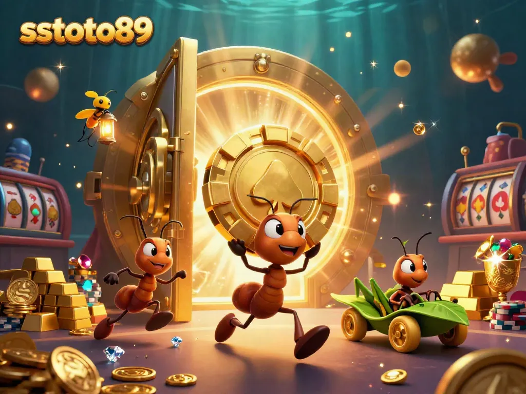 Gambarkan sstoto89 saat tim semut mencuri chip poker emas raksasa di kasino, dikelilingi harta karun.