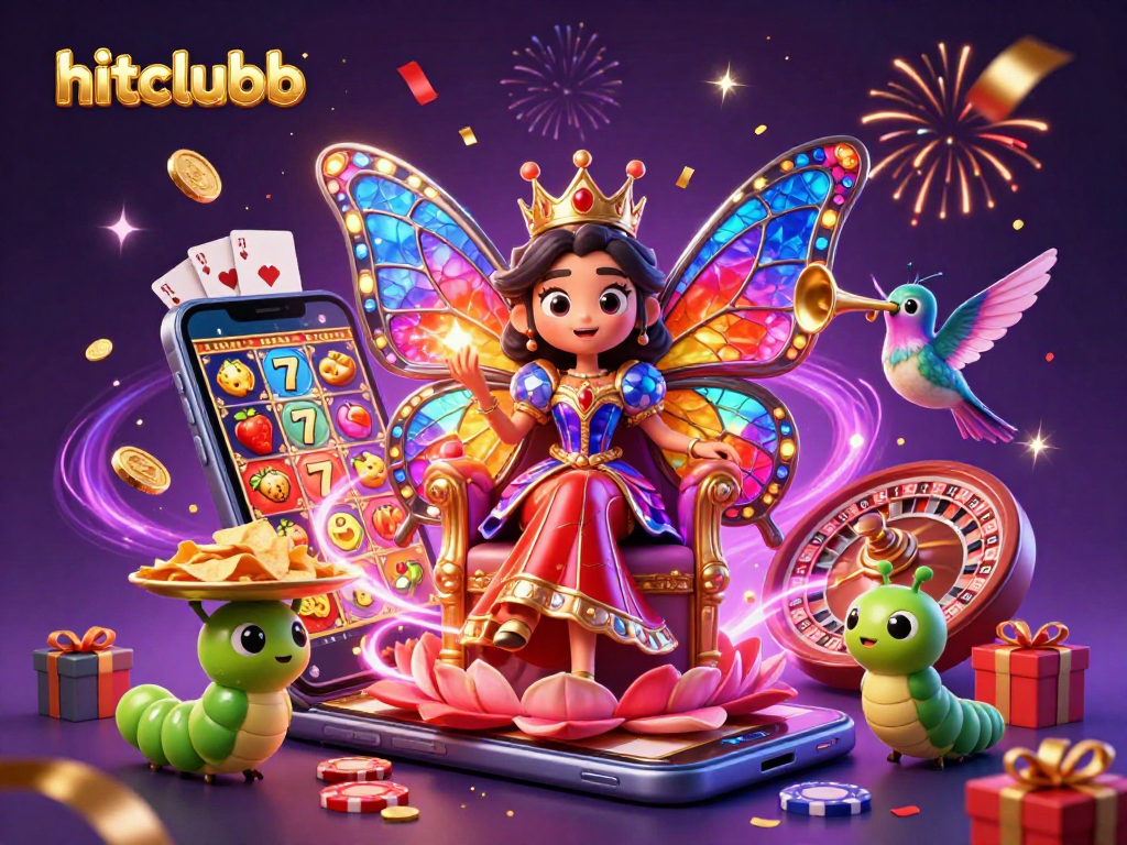 Experience hitclubb's vibrant casino energy with colorful slots and engaging elements in this 3D illustration.