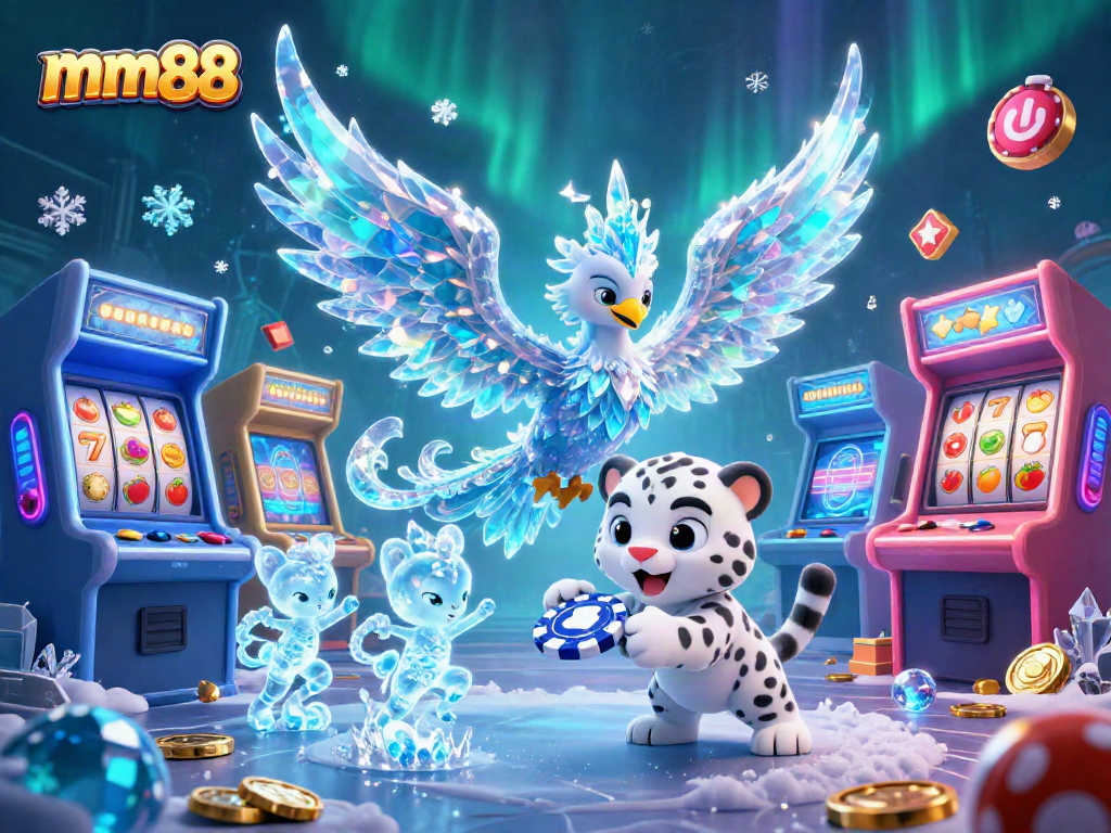 Play exciting casino games with mm88 and showcase vibrant animation of the ice phoenix and poker action.