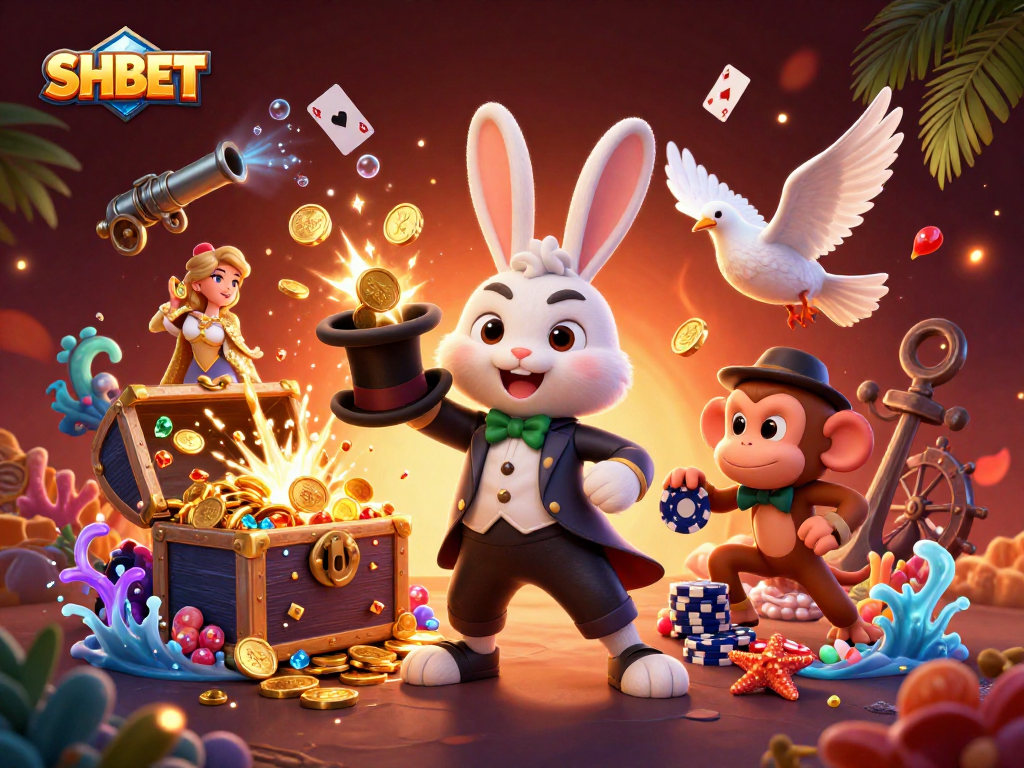Players explore exciting opportunities at SHBET with golden coins and poker chips in a lively casino scene.