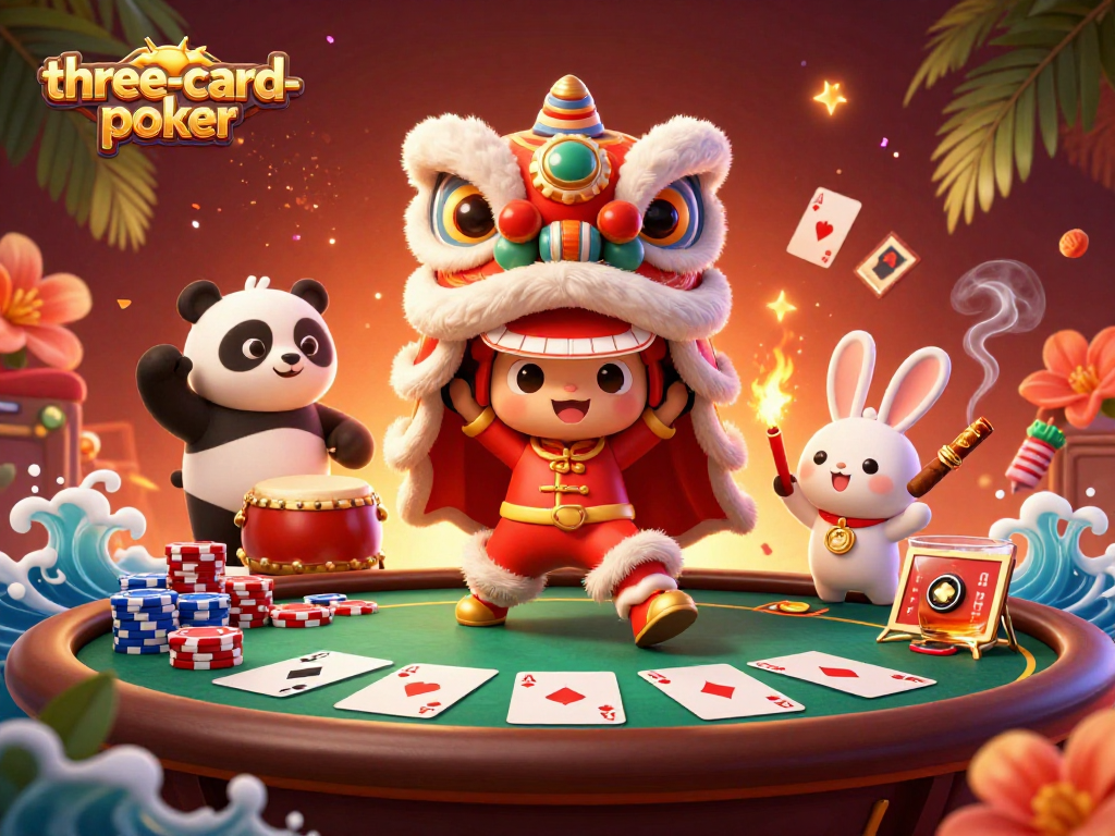 Experience thrilling three-card-poker action with vibrant characters and dynamic poker elements in this colorful scene.