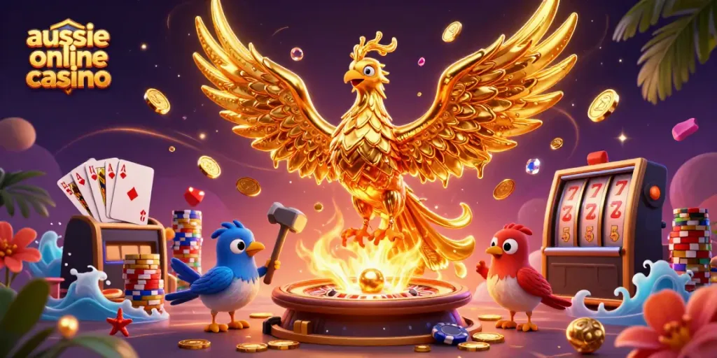 Experience the thrilling ambiance of an aussie online casino with vibrant games and characters.