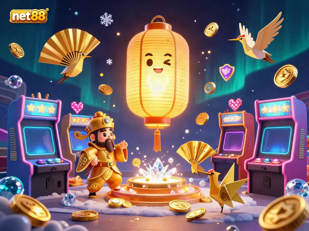 Exciting scene with net88, showcasing a golden lantern spirit and gaming elements in a bustling casino