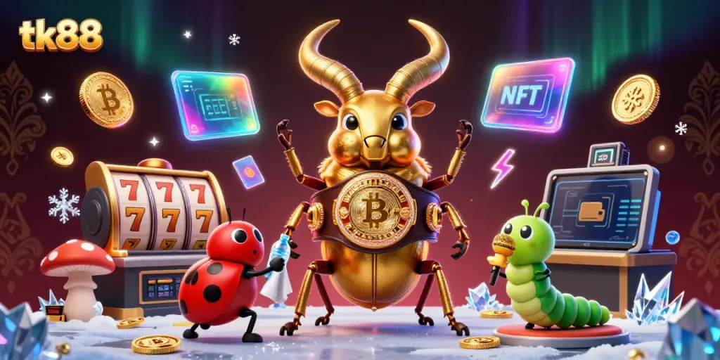 Engage with tk88's exciting slots through a vibrant 3D illustration of a golden stag beetle in a boxing match.