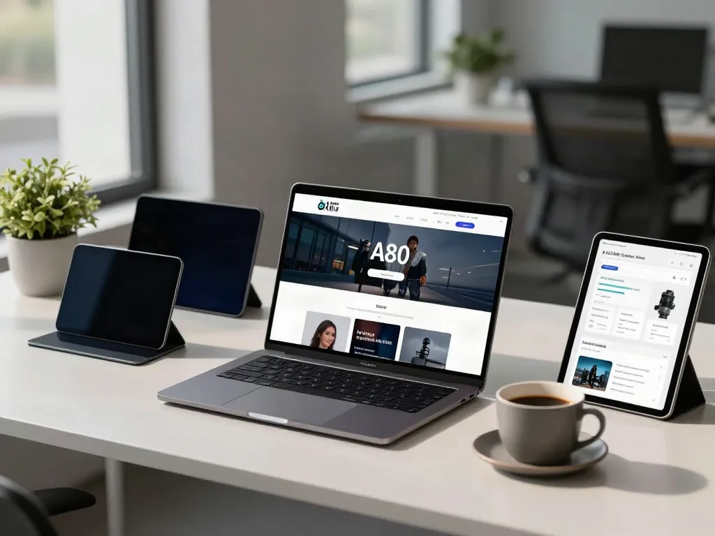A80 homepage displayed on a laptop within a modern workspace showcasing innovative tech gadgets.