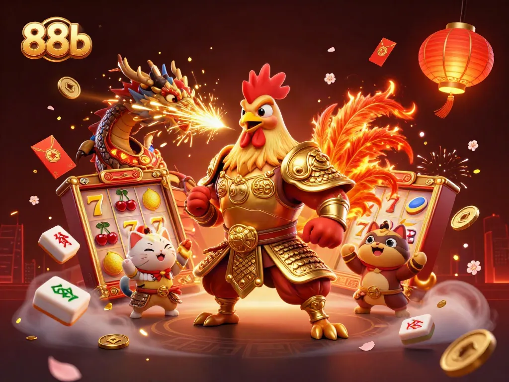 88b's dynamic casino scene with a rooster warrior, dragon hatchling, and lucky symbols.