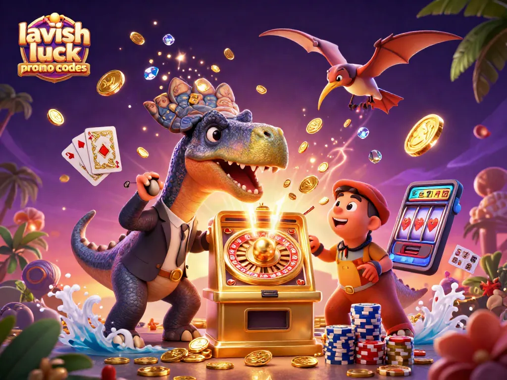Experience lavish luck promo codes with cartoon dinosaurs interacting in a vibrant casino scene.
