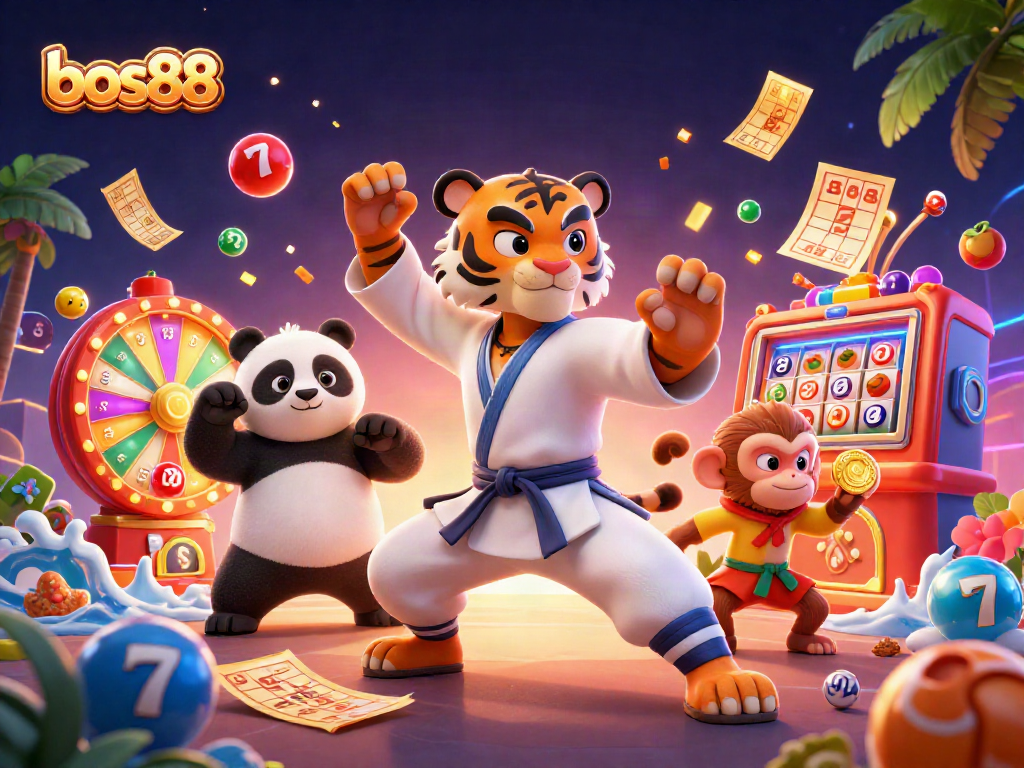 Permainan bos88 yang menampilkan harimau kung fu, panda, dan monyet dalam aksi menangkap lotere.
