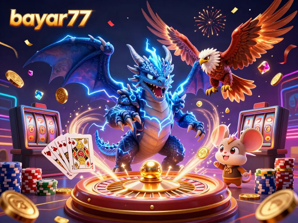 Engage in thrilling gameplay with bayar77, showcasing dynamic casino elements and vibrant characters in action.