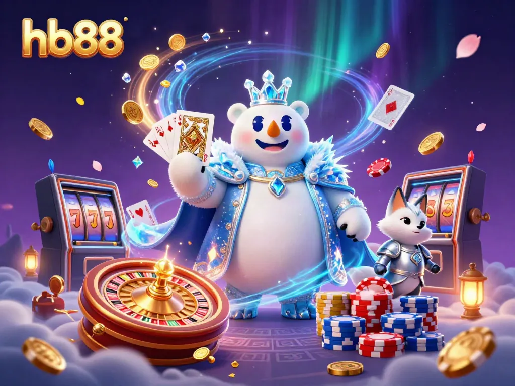 Experience thrilling games at hb88 with a captivating scene of a polar bear and fox amidst cascading gold and jewels.