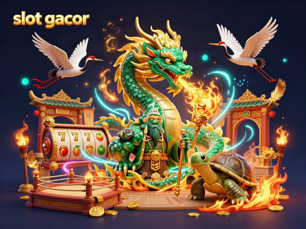 Spin to win with slot gacor, featuring a vibrant dragon and animated casino elements.
