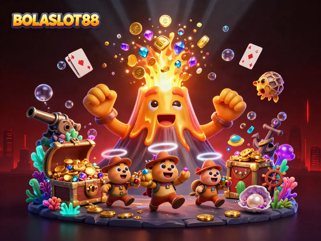 BOLASLOT88 offers an exciting illustration with a golden volcano and treasure-laden animals in a vibrant casino scene.