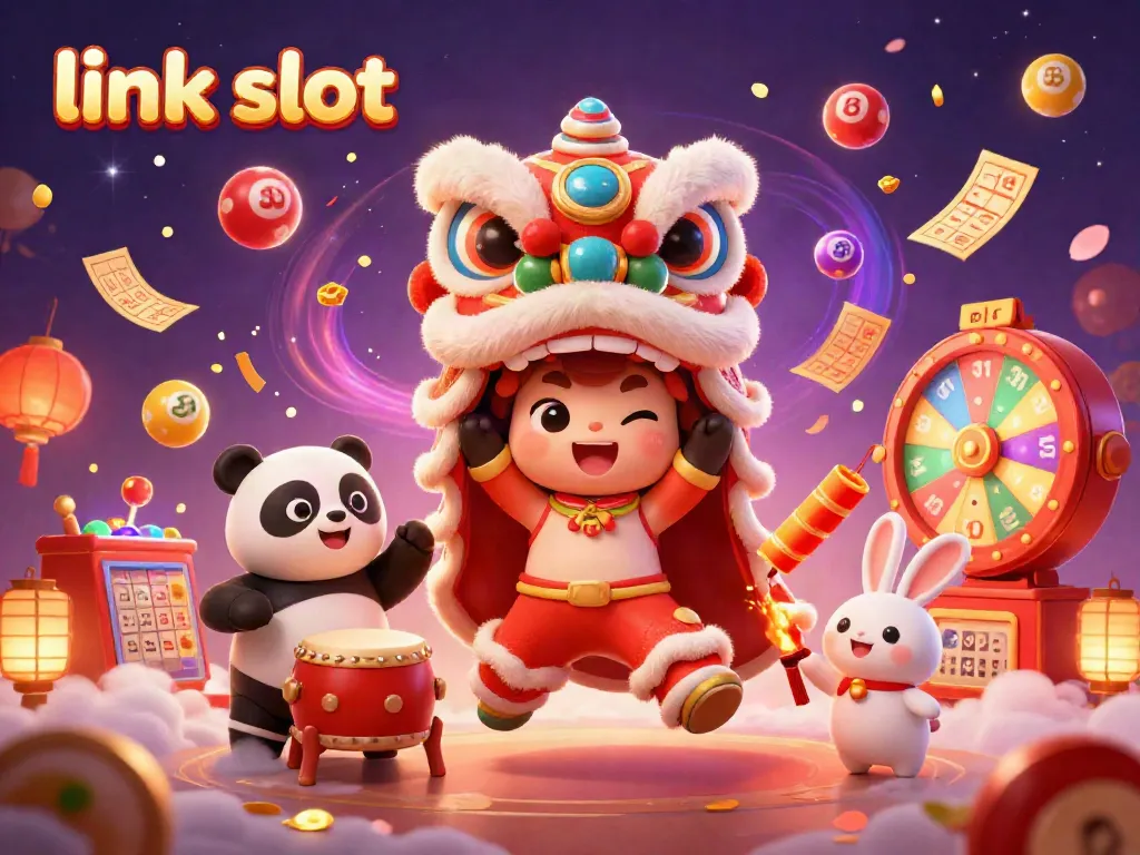 Engaging scene with link slot characters, colorful lottery balls, and casino-themed elements creating an exciting gambling atmosphere.