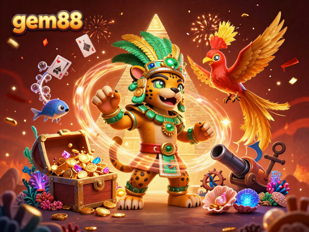 Experience the gem88 online casino with vibrant characters and dynamic game elements illustrating winning moments.