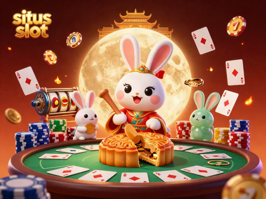 Menangkan jackpot situs slot dengan ilustrasi kelinci bulan relaksasi di atas permukaan lunar.