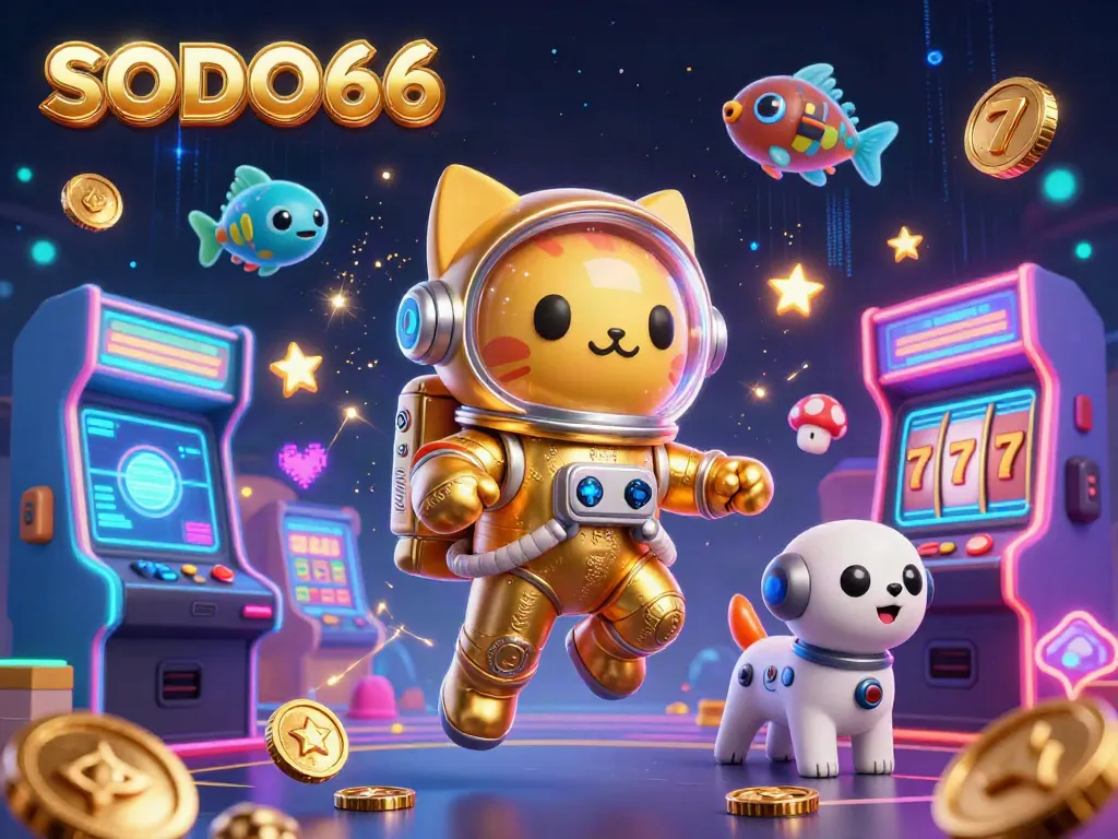 SODO66 immerses players in vibrant casino excitement with a cartoon astronaut cat and futuristic gaming elements.