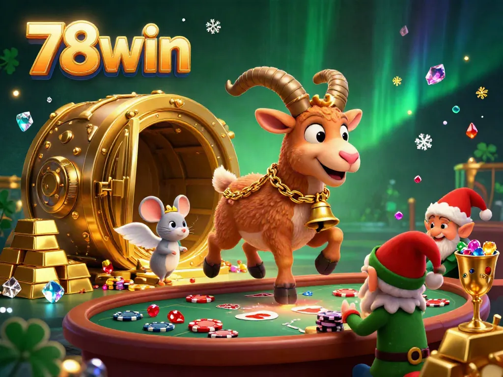 Engage with 78win's thrilling holiday-horror casino scene featuring playful characters and dynamic gold elements.
