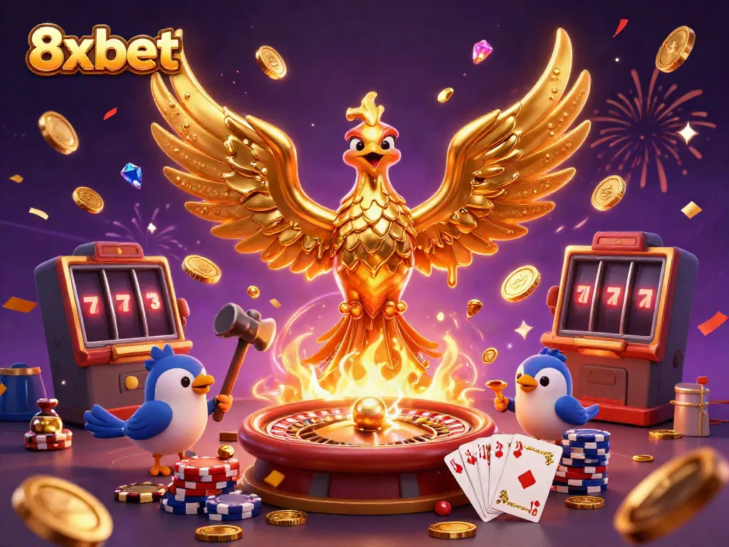 Experience the excitement of winning at 8xbet with a vibrant 3D golden phoenix surrounded by cascading coins and rich casino elements.