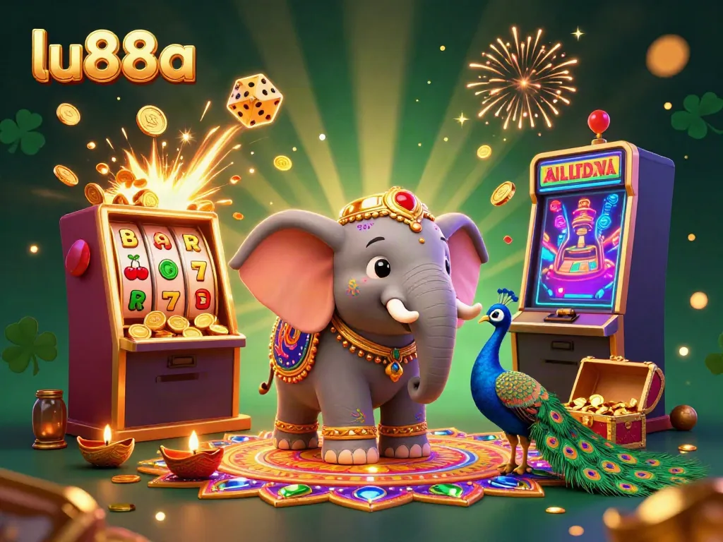 Experience the excitement of lu88a with a vibrant 3D scene featuring a jackpot explosion and colorful casino elements.