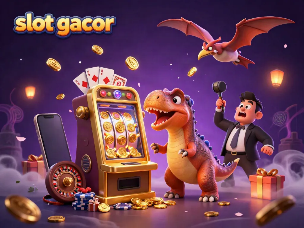 Slot gacor dengan dinosaurus dan mesin slot mengeluarkan koin jackpot