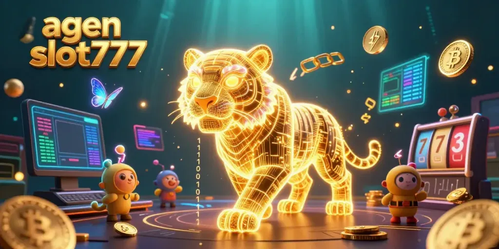 Engage with agen slot777 in a vibrant casino scene enhanced by neon elements and dynamic gameplay.