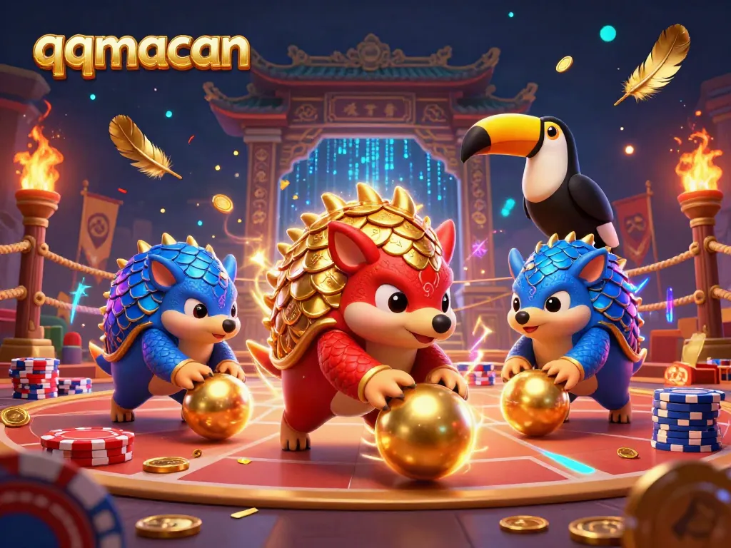 Engaging qqmacan illustration with pangolins bowling gold chips in a vibrant casino scene.