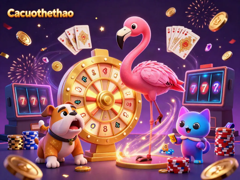 Engaging Cacuocthethao scene with a flamingo host and bulldog contestant surrounded by golden prizes.