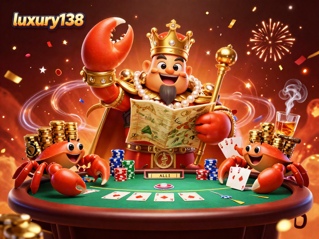 Bermain dan menang di luxury138 dengan gaya, ditampilkan oleh kepiting raja emas besar dan kerabatnya yang membawa chip emas.