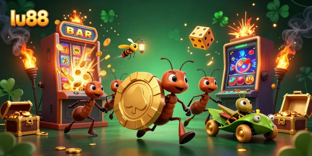 Experience the thrill of lu88 with a dynamic 3D scene featuring playful ants, casino elements, and jackpot excitement.
