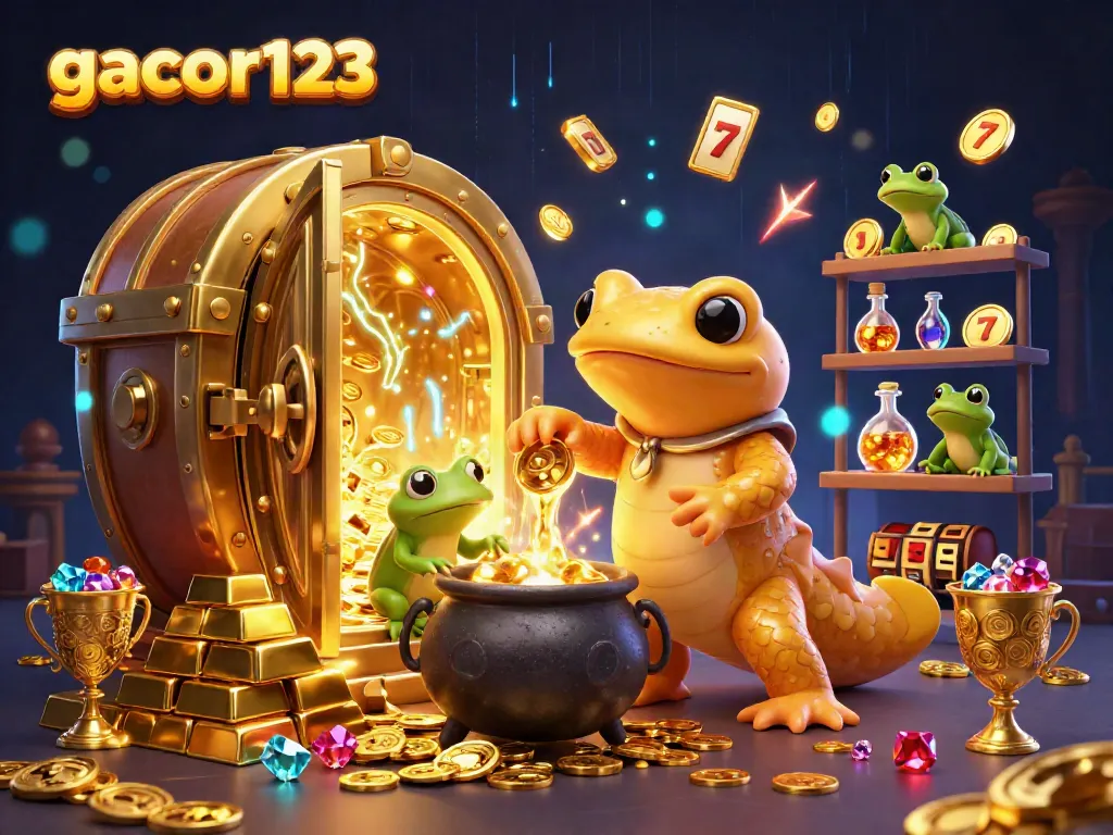 Experience thrilling gameplay at gacor123, a vibrant scene with gold coins and slot symbols.