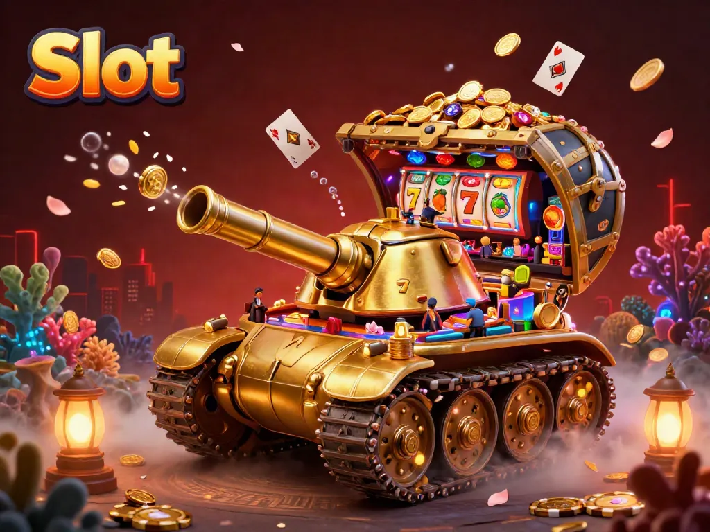 Experience the thrill of slots with a vibrant casino scene featuring a golden beetle tank and lively slot elements.