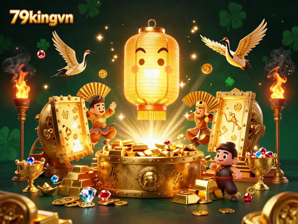 Experience thrilling wins at 79kingvn with a vibrant scene of golden treasures and lucky symbols.