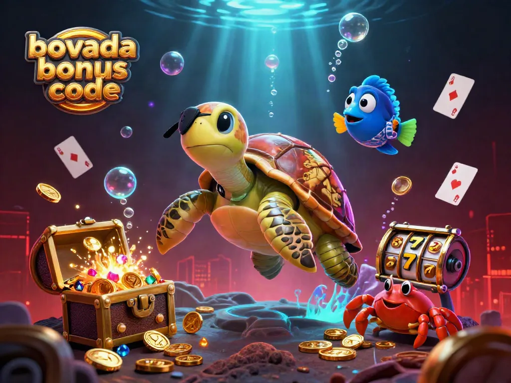 Bovada bonus code illustrations with a pirate turtle, crab, and parrotfish amidst a vibrant underwater treasure scene.
