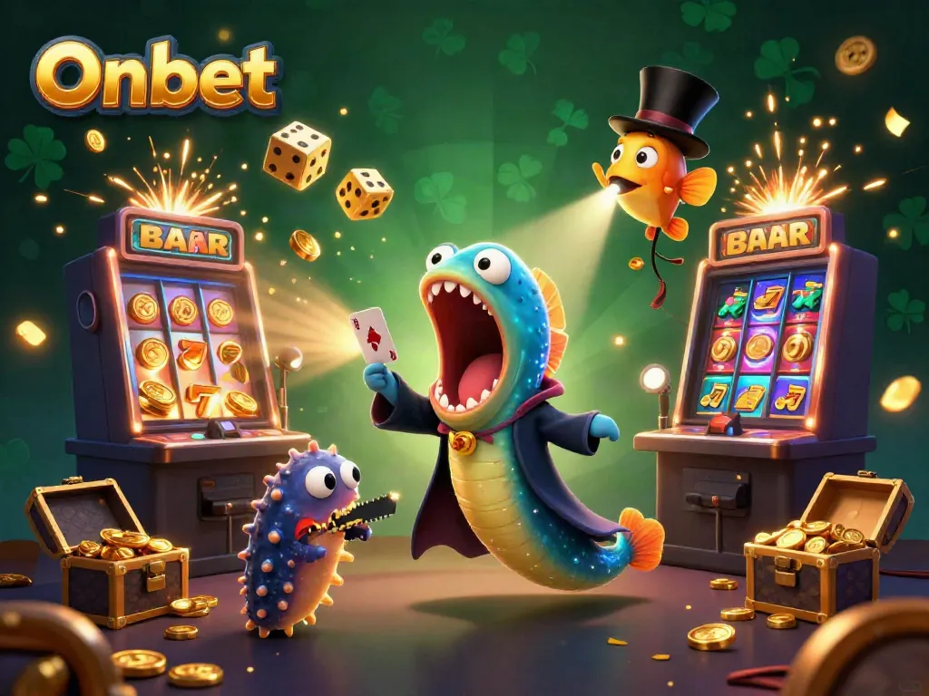 Engage with Onbet's thrilling atmosphere as a bioluminescent gulper eel performs card tricks amidst dynamic casino vibes.